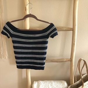 AE off the shoulder navy/white stripped crop top